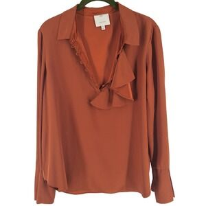 Cinq à Sept Rust Orange Ruffle Front V-Neck Blouse XL FLAW